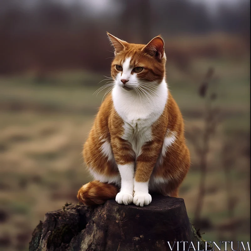 Outdoor Scene with Ginger Cat on Tree Stump