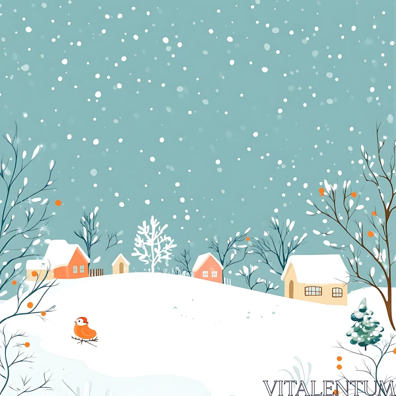 Serene Winter Scene with Snowfall and Village