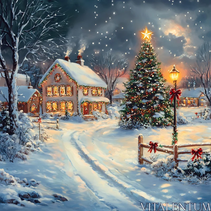 Snowy Holiday Scene with Decorated House and Christmas Tree