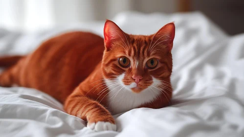 Cute Ginger Cat on a White Bed