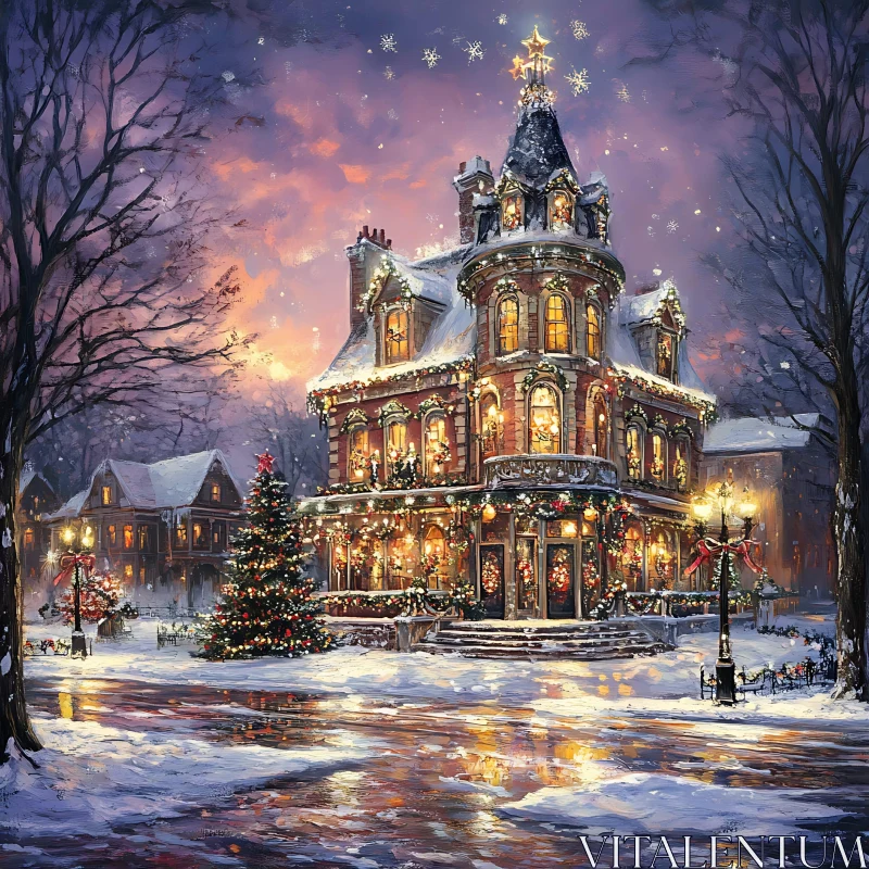 Victorian Christmas House Illuminated on Snowy Night