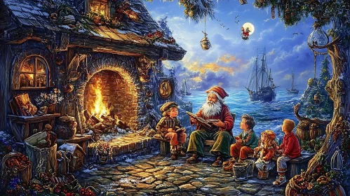 Santa Claus Reading a Christmas Story to Kids