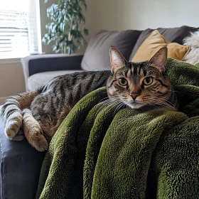 Comfortable Tabby Cat Lounging on Green Blanket in Living Room