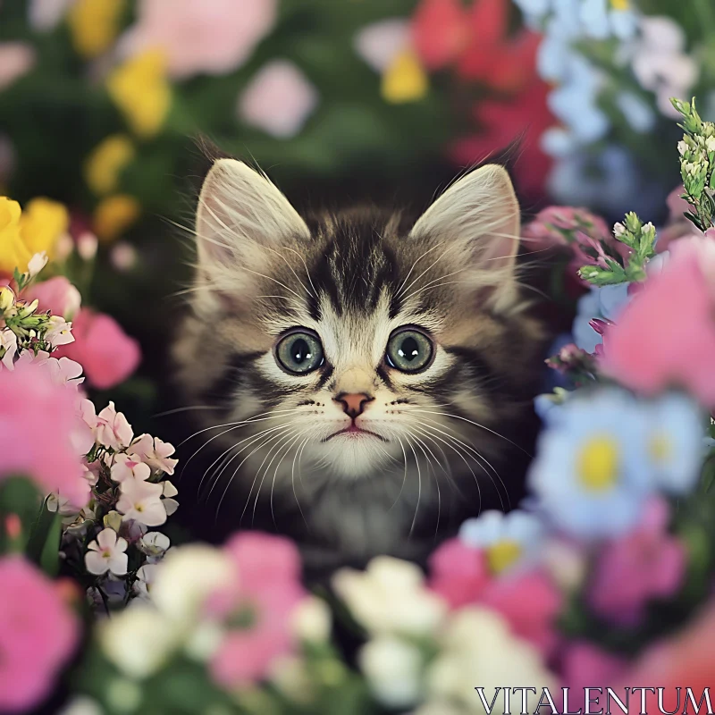 Cute Kitten Surrounded by Colorful Blossoms