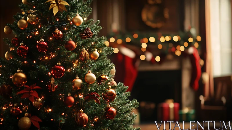 Festively Decorated Christmas Tree and Cozy Fireplace