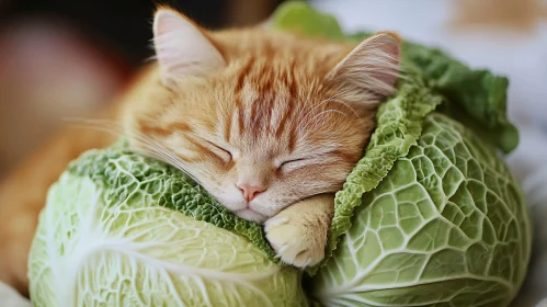 Cute Kitten Nestled in Cabbage