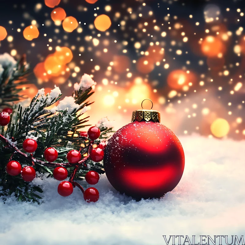 Festive Red Christmas Ornament on Snowy Ground