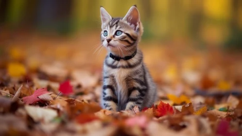 Adorable Tabby Kitten in Fallen Leaves