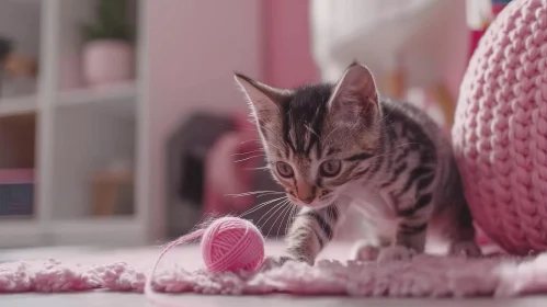 Adorable Tabby Kitten Playing with Pink Yarn