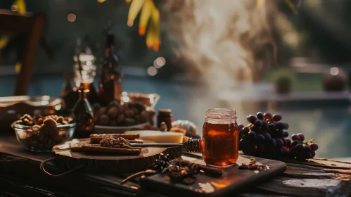 Captivating Still Life: Wooden Table with Food and Drink Items