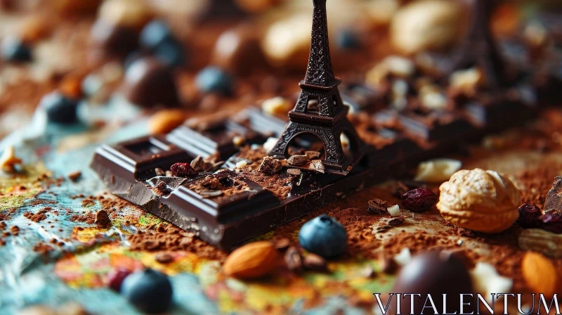 Close-up of Broken Chocolate Bar with Miniature Eiffel Tower AI Image