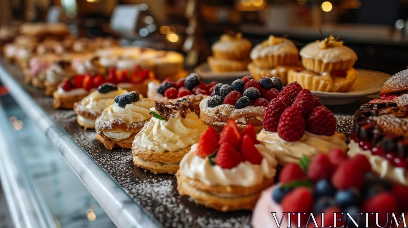 Colorful Pastries and Cakes on Bakery Shelf AI Image