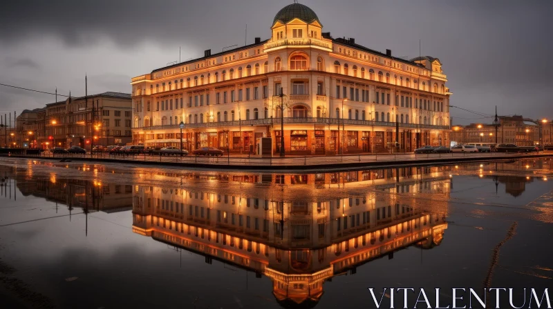 Cozy Illumination: Beautiful Building Reflecting on Wet Asphalt AI Image