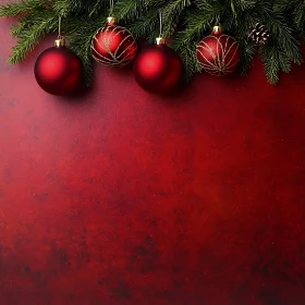 Festive Red Christmas Ornaments on Green Pine Branches