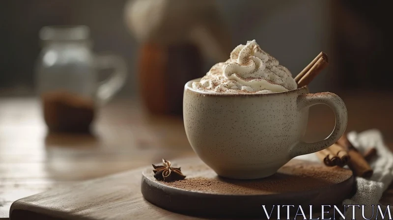 AI ART Delicious Hot Chocolate with Whipped Cream and Cinnamon on a Wooden Table