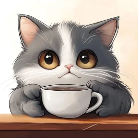 Cute Gray Kitten with Coffee Cup Art