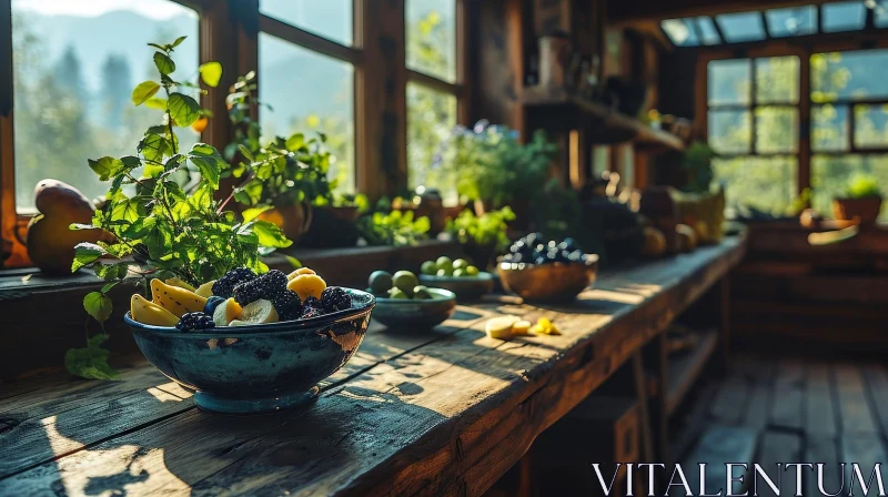 Enchanting Still Life: Wooden Table with Bowl of Fruit and Forest View AI Image