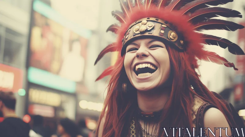 Expressive Native American Woman Laughing in Vintage Punk Style AI Image