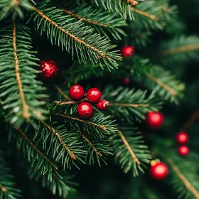 Pine Branches with Red Berries Close-Up