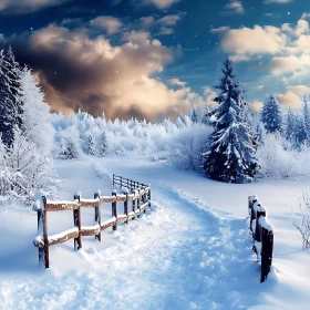 Snow-Covered Path in a Winter Forest