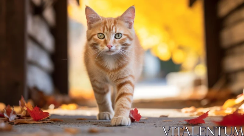 Ginger Cat Walking in Fall - Enchanting Image AI Image