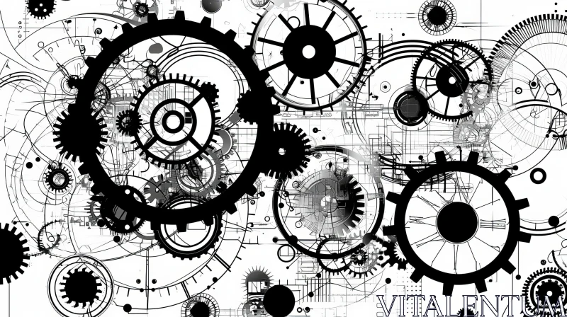 Intricate Black and White Steampunk Gears Drawing