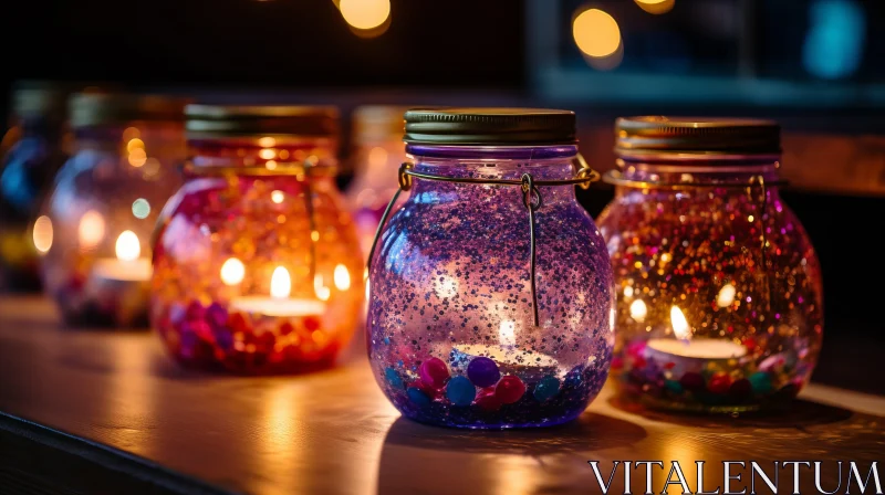 Luminous Mason Jars with Colored Tea Lights AI Image