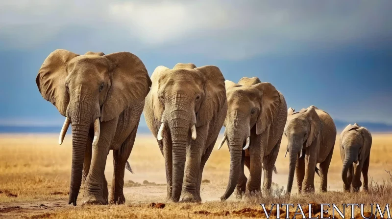 AI ART Majestic African Elephants Walking in Grassland - Nature Photography