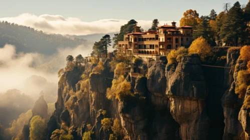 Mountain Villa with Frosty Trees on Cliffs - Byzantine-inspired Art of Burma