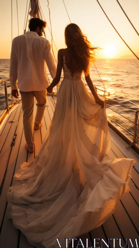 AI ART Romantic Academia Wedding: Bride and Groom on Sunset Boat