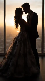 Romantic Sunset Cityscape - Bride and Groom Embrace