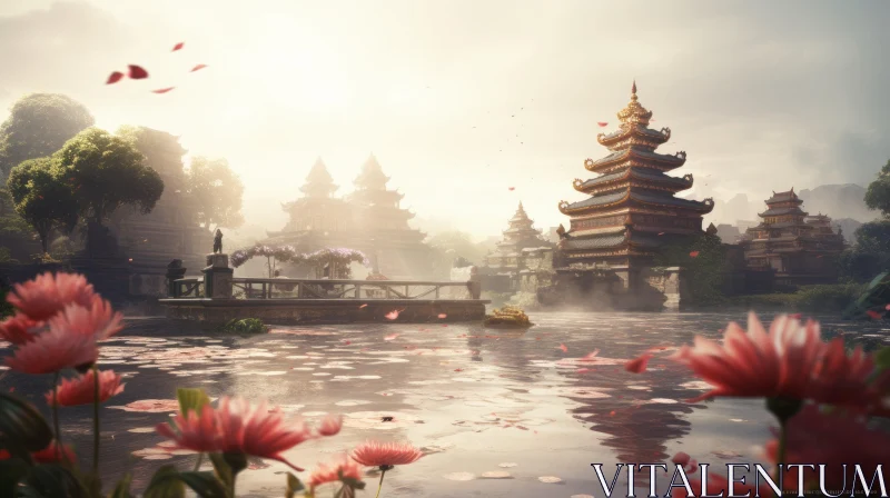Serene Water Temple Surrounded by Vibrant Flowers AI Image