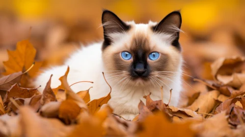 Siamese Cat Portrait in Autumn Leaves
