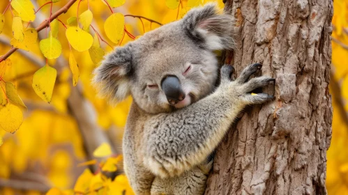 Sleeping Koala on Tree Branch Amidst Yellow Leaves