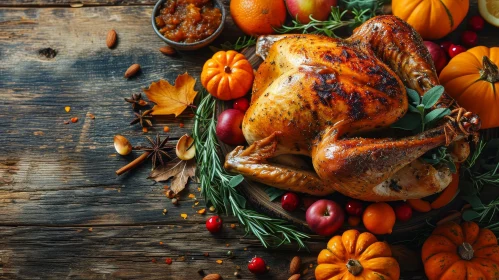Thanksgiving Feast: Roasted Turkey, Apples, Pumpkins, and Cranberries
