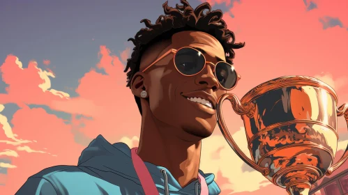 Young African American Man with Trophy