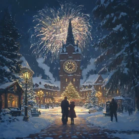 Magical Winter Night with Fireworks and Festive Decor