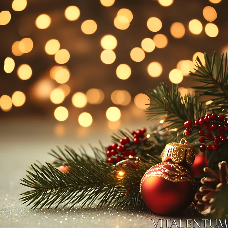 Christmas Ornaments and Bokeh Holiday Light AI Image