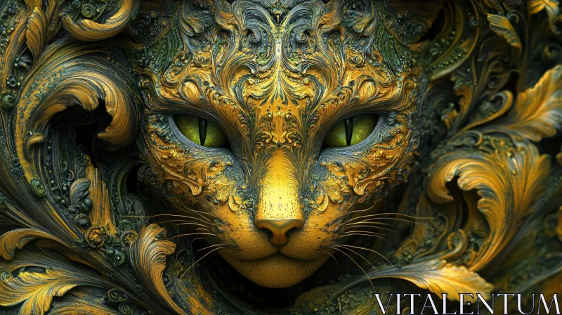 AI ART Decorative Feline with Golden and Dark Swirls