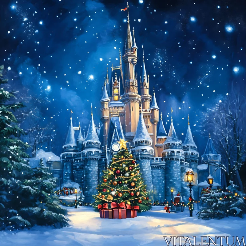 Fairy Tale Christmas Castle in Winter AI Image