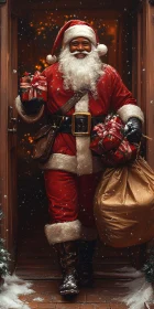 Jolly Santa with Gifts in Winter Wonderland