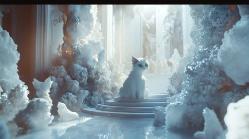 Whimsical White Cat in Ethereal Crystal World