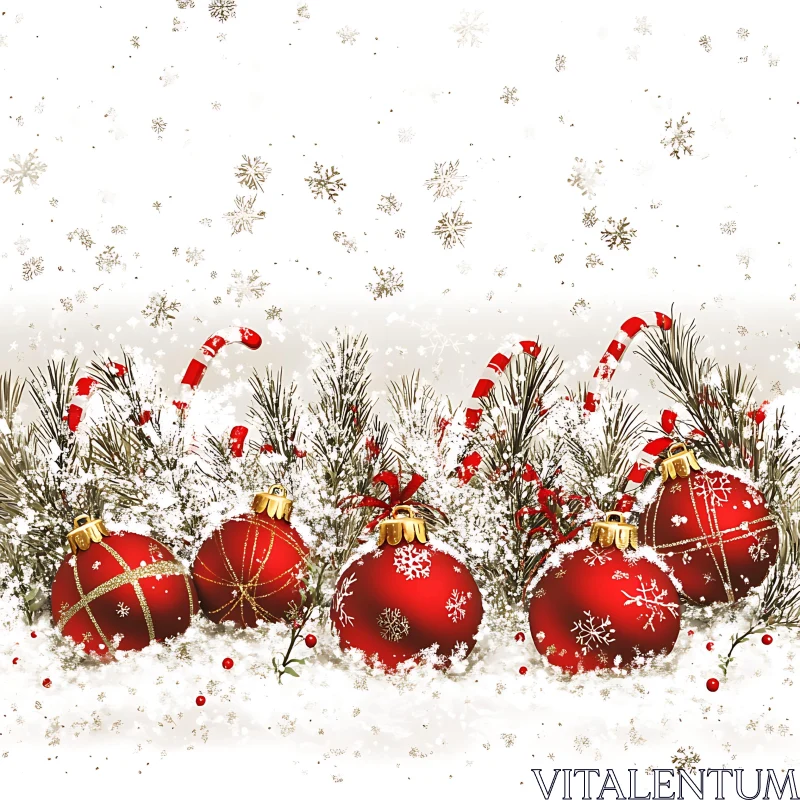 Holiday Scene with Red Ornaments, Snow, and Candy Canes AI Image