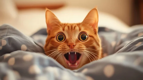 Wide-Eyed Ginger Cat Nestled in Blanket