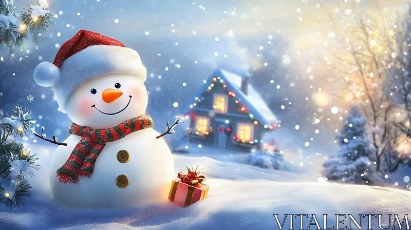 Christmas Snowman and Decorated House AI Image