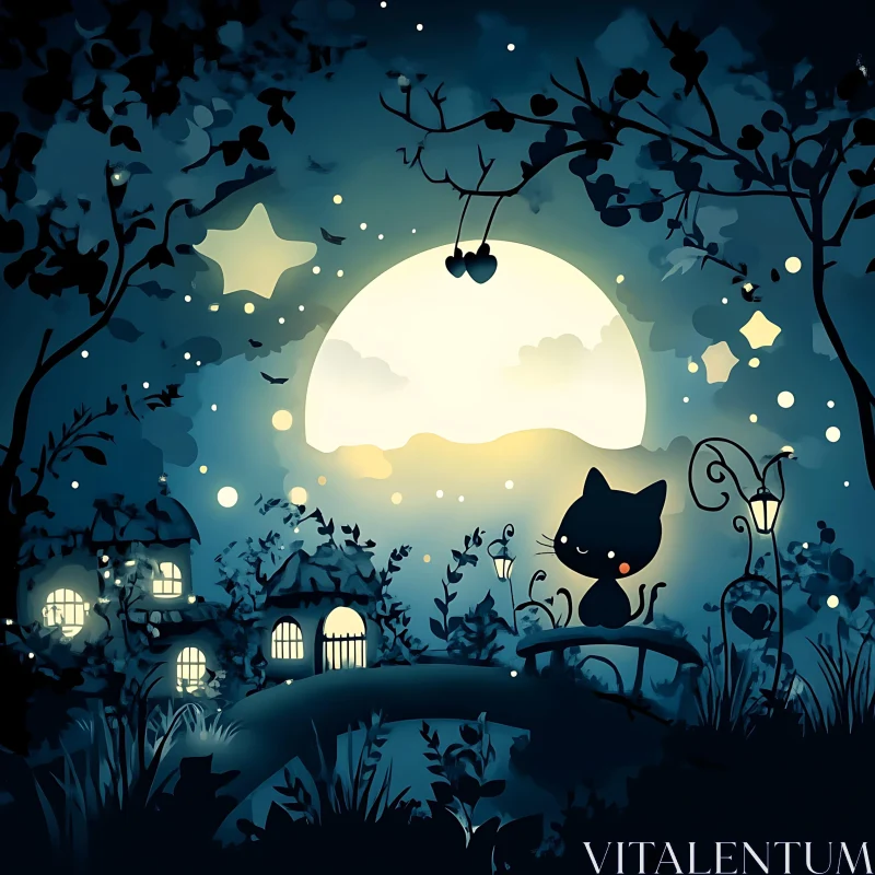 Surreal Night Scene with Cat and Moon AI Image