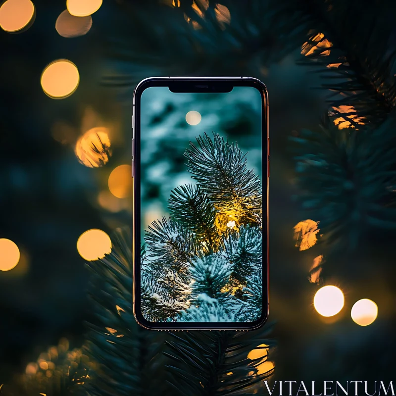 Pine Tree and Smartphone with Blurred Lights AI Image