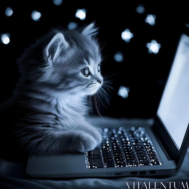 Cute Fluffy Kitten Using Laptop in the Night AI Image