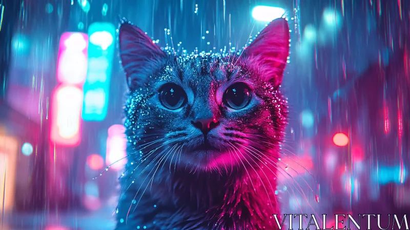 AI ART Enchanting Cat in Neon Rain