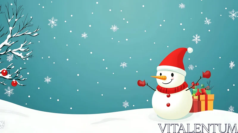 AI ART Cheerful Snowman and Holiday Gifts in Snowy Scene